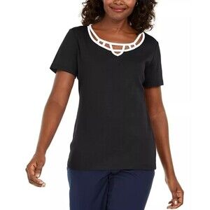 Karen Scott Petite Cotton Lattice-Trim Top Deep Black PS